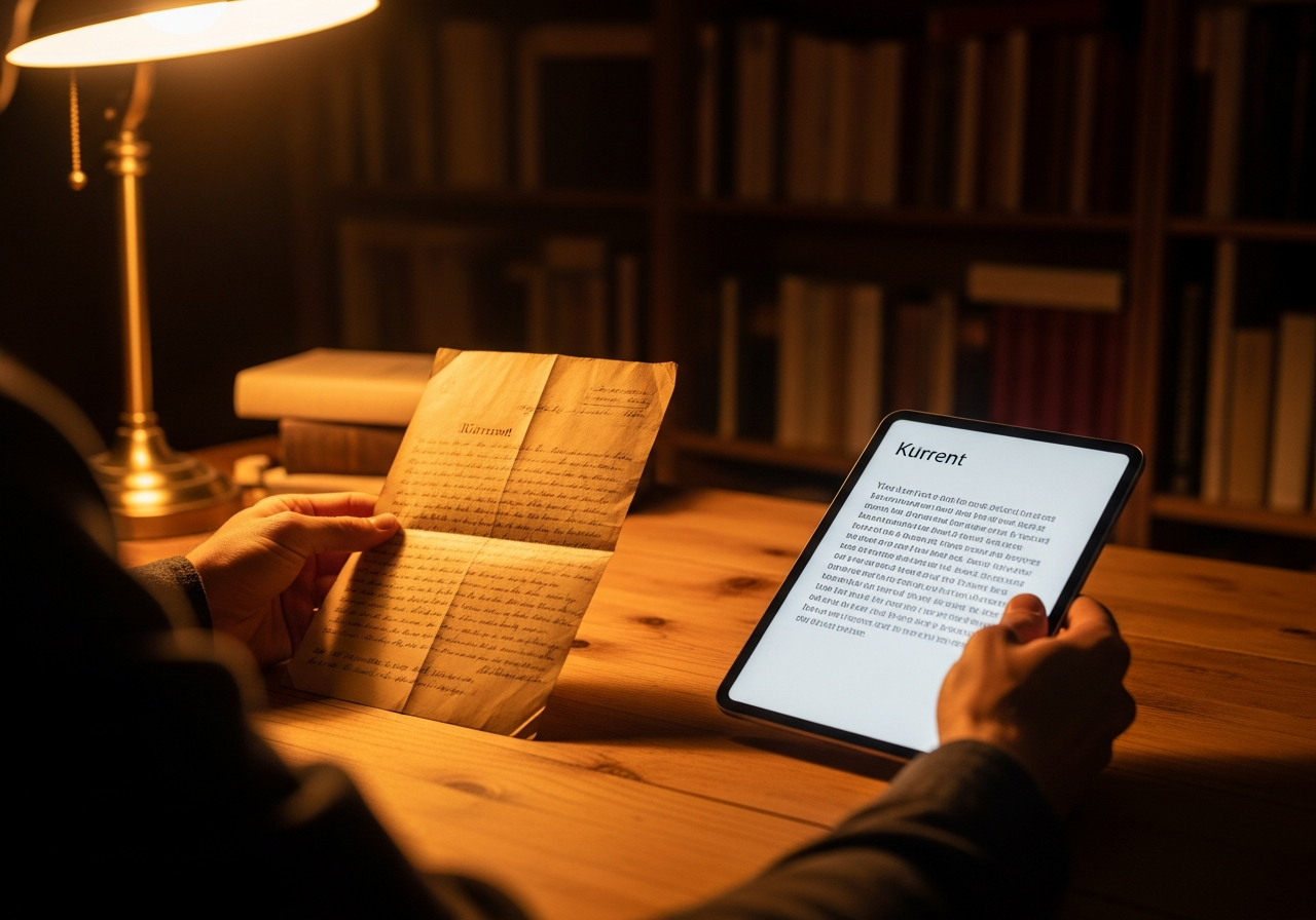 Person comparing an old handwritten letter with its transcription on a tablet