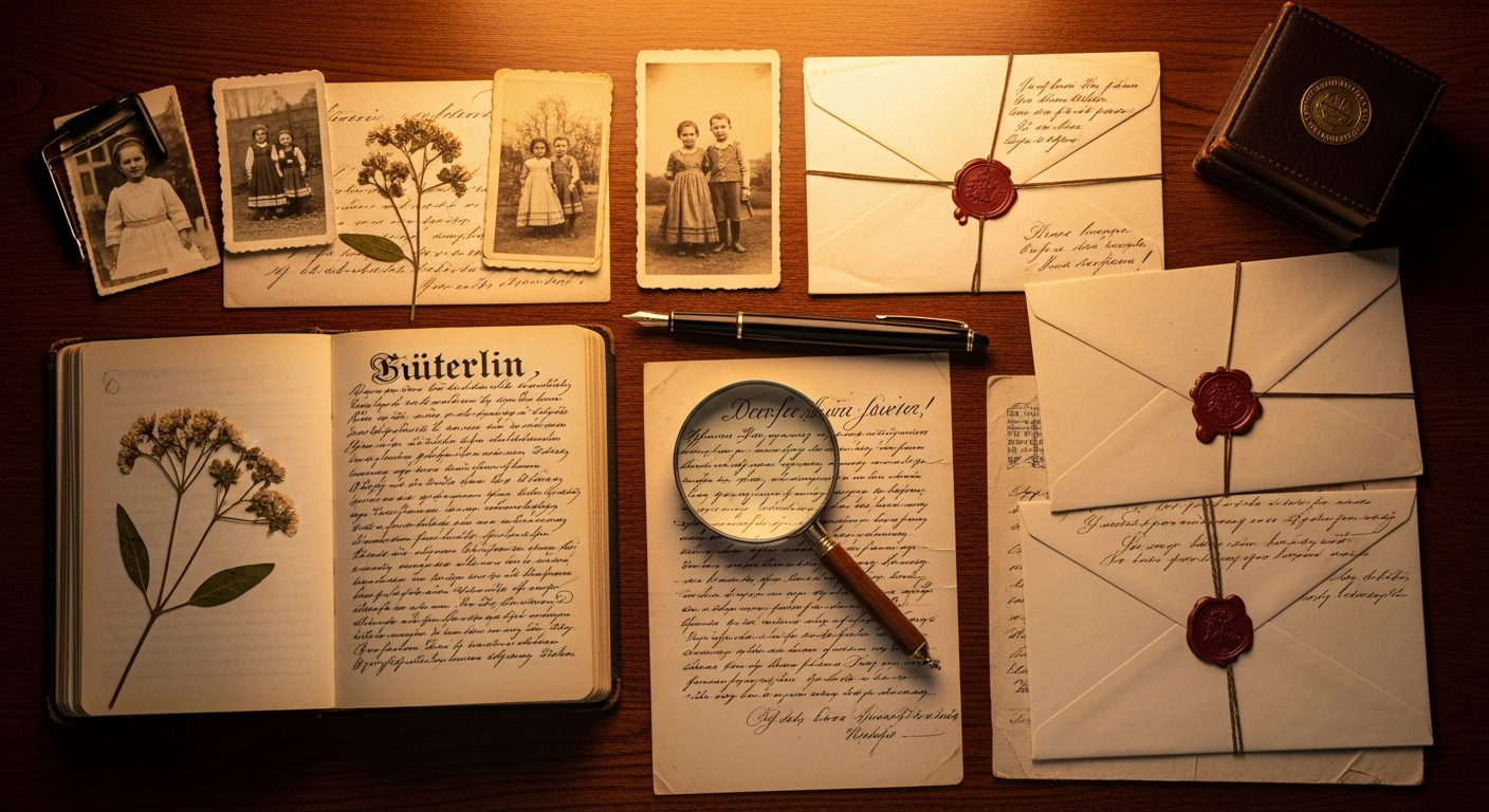 Handwritten documents and letters laid out flat on a desk