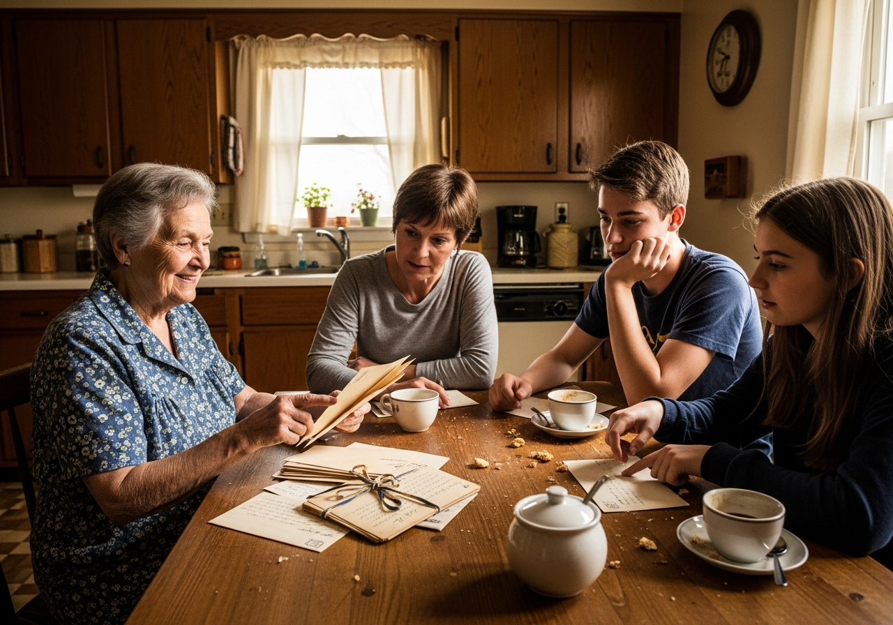 Old letters and handwritten family correspondence on a table