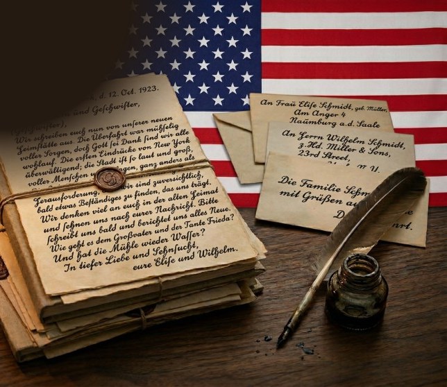 Old handwritten letters with wax seals, an American flag, and a quill on a wooden desk