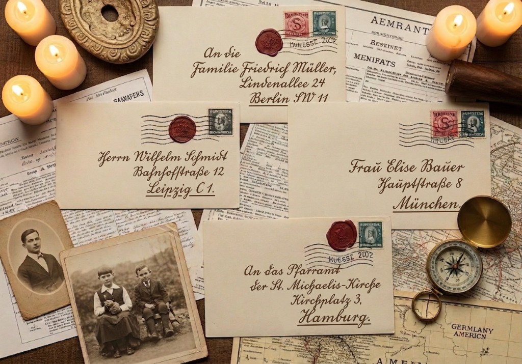 Old handwritten letters, envelopes with wax seals, and family photographs on a desk